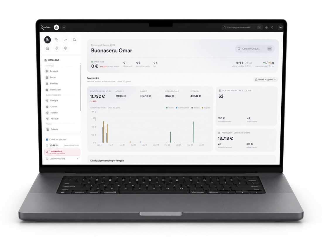 Il portale onSuite su un portatile: dashboard con vendite, acquisti, retail e preventivi, e il catalogo nella barra laterale.