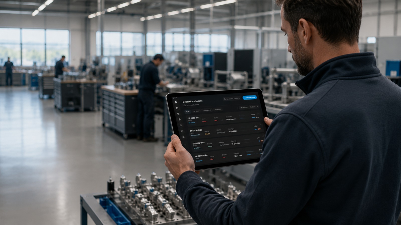 Ordini di produzione su tablet, in officina: stato, priorità e consegna di ogni OP, il reparto al lavoro dietro.