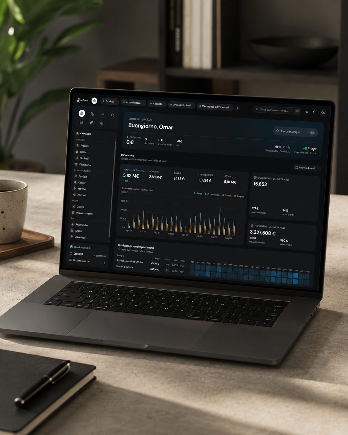 La panoramica di onSuite su laptop: vendite, documenti emessi e preventivi degli ultimi mesi, alimentati dal ciclo operativo.