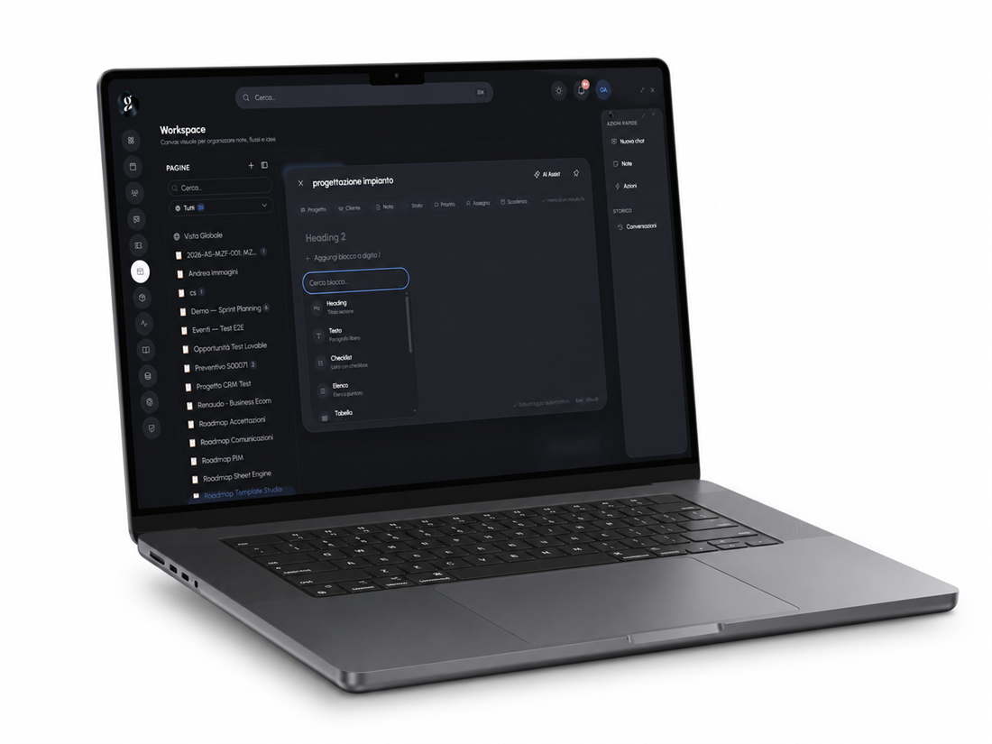 Workspace di commessa in onSuite: pagine, attività e note del progetto dentro un canvas unico.